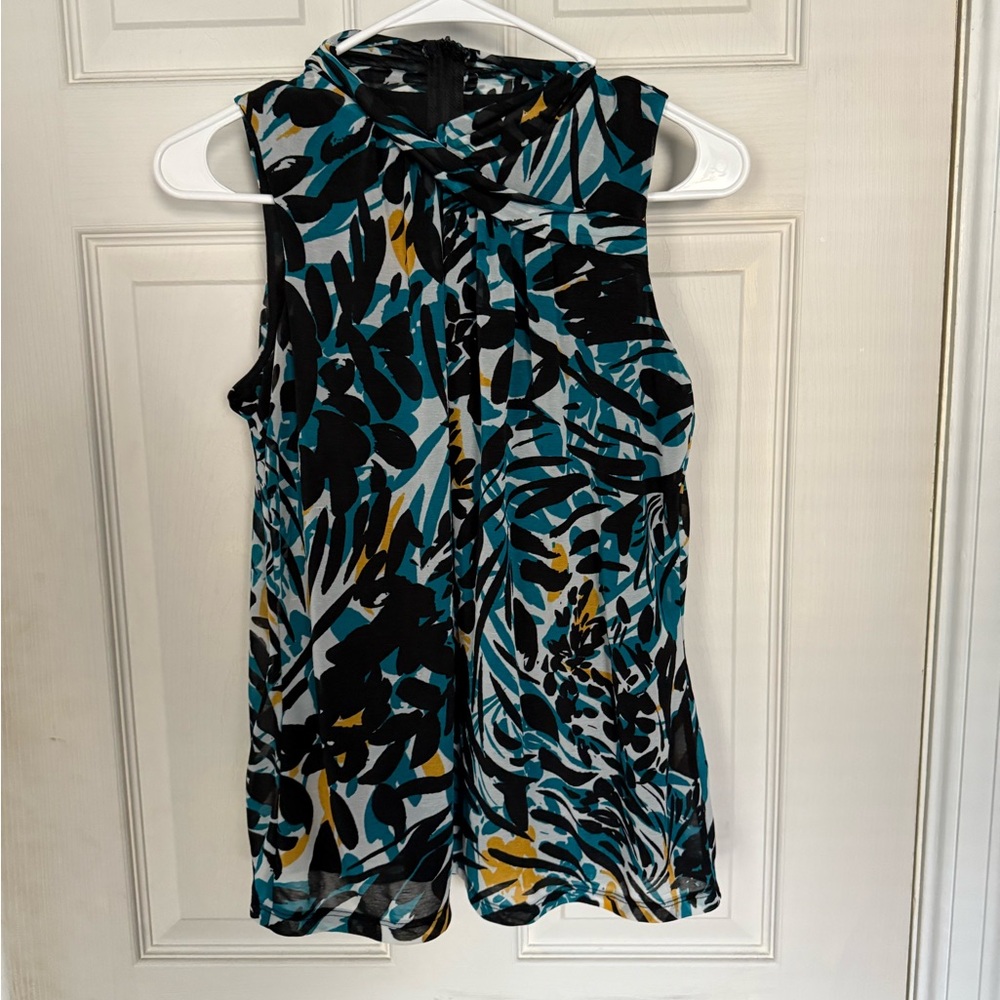 Worth Sleeveless Top - Teal, Black, Yellow Abstract Print